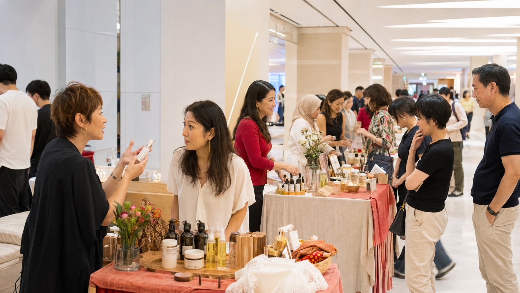 Shoppers browsing a busy indoor market of Singapore brands