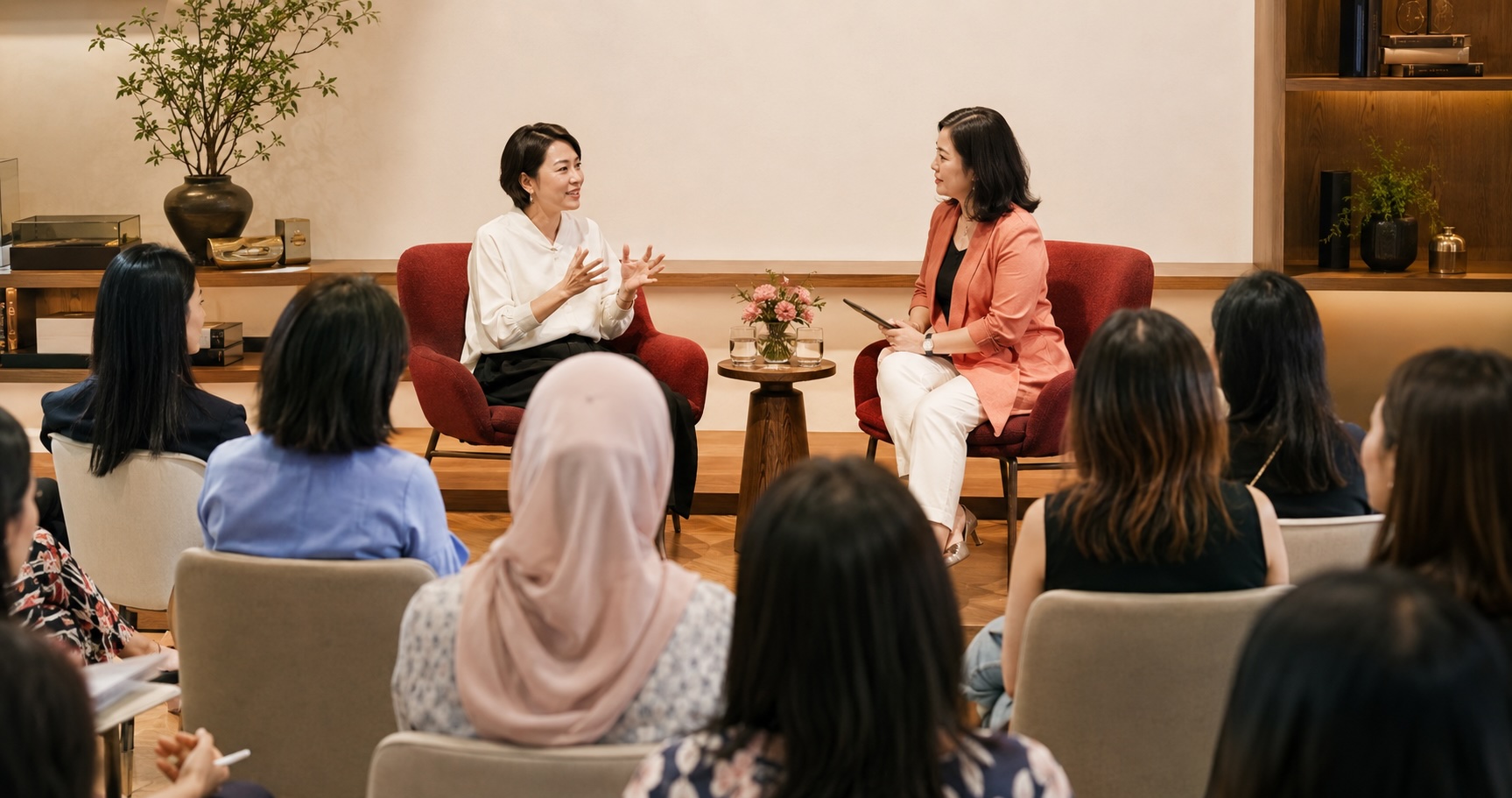 A fireside conversation between two women on stage, with an audience seated in front of them
