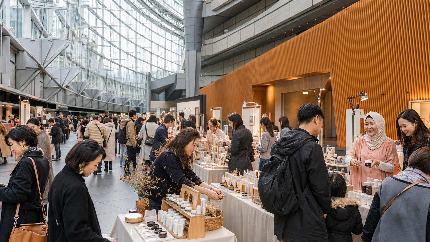 Shoppers browsing product stalls in the glass atrium of Tokyo International Forum
