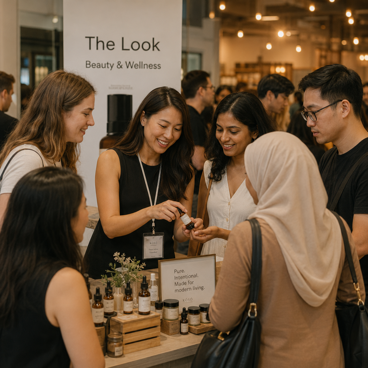 A product booth at Shiok! Singapore Market, with visitors browsing skincare items