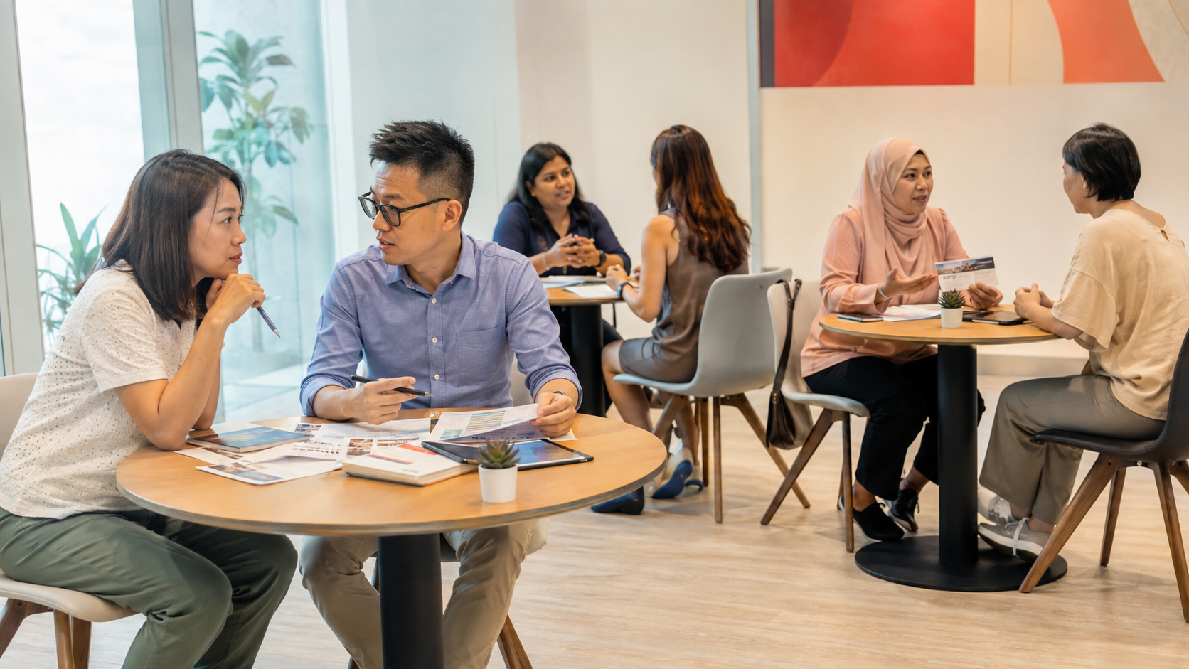 Founders in one-to-one consultations at small round tables