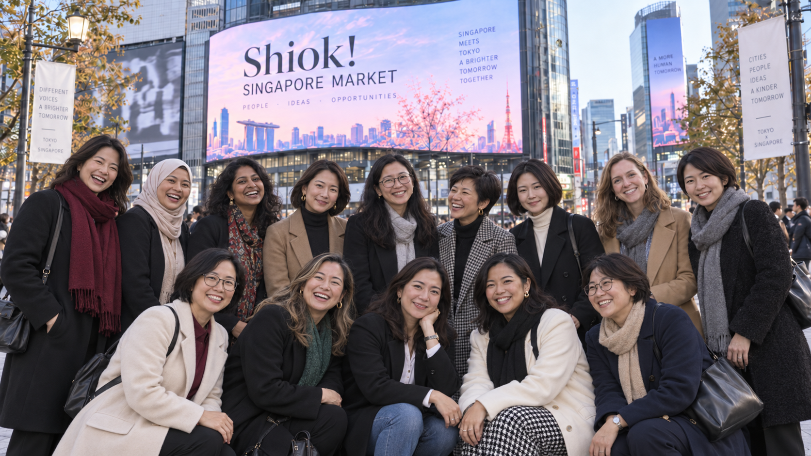 The founder group in front of the Shiok! Singapore Market billboard in Tokyo