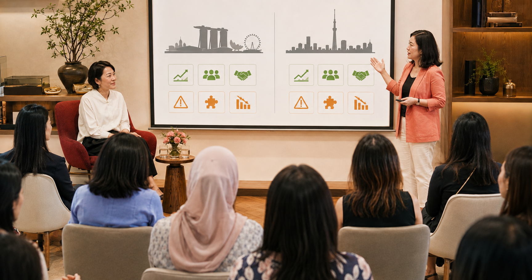 A speaker presenting a Singapore and Tokyo market comparison to a seated audience