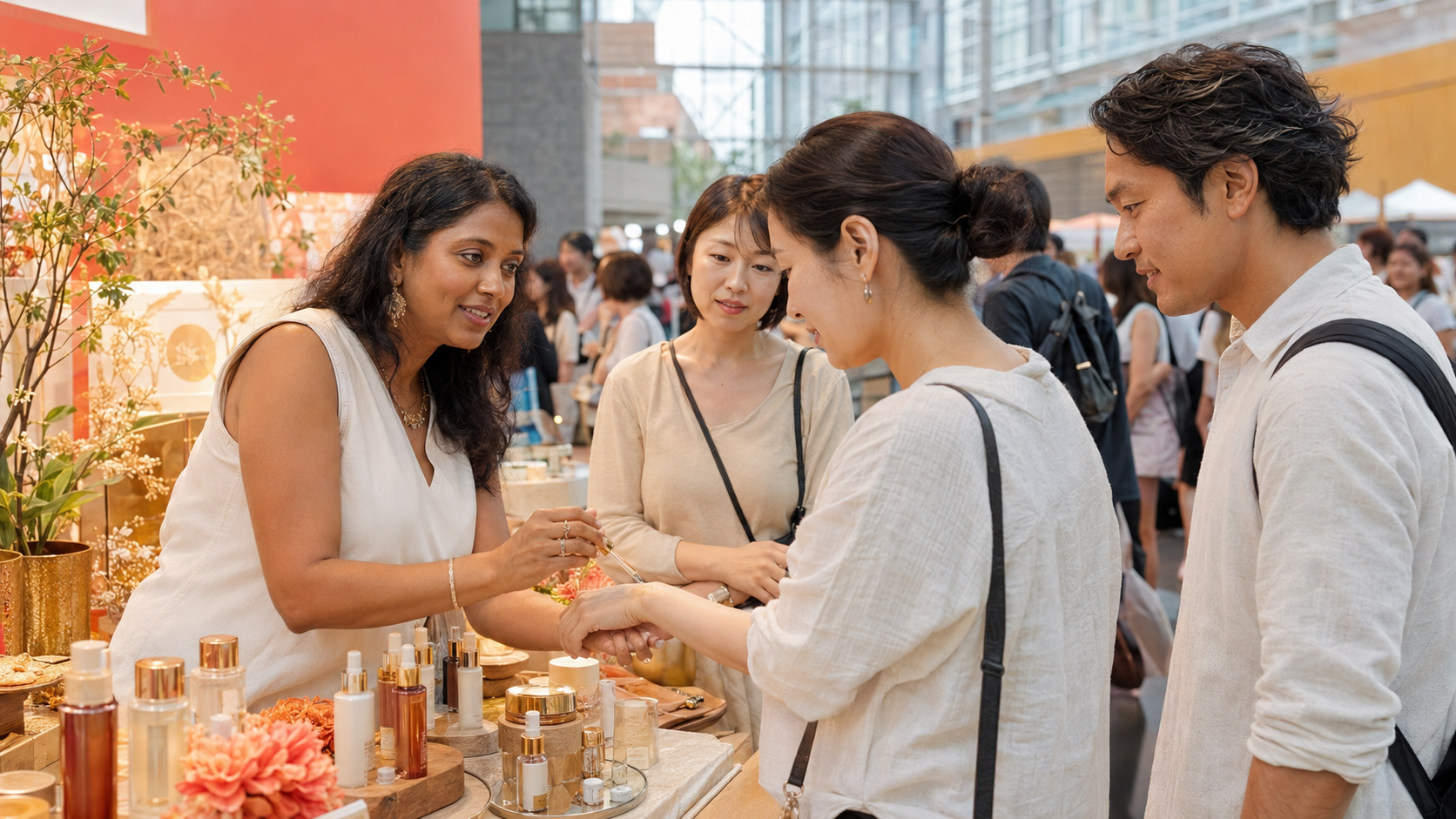 A founder sharing her products with visitors on the market floor